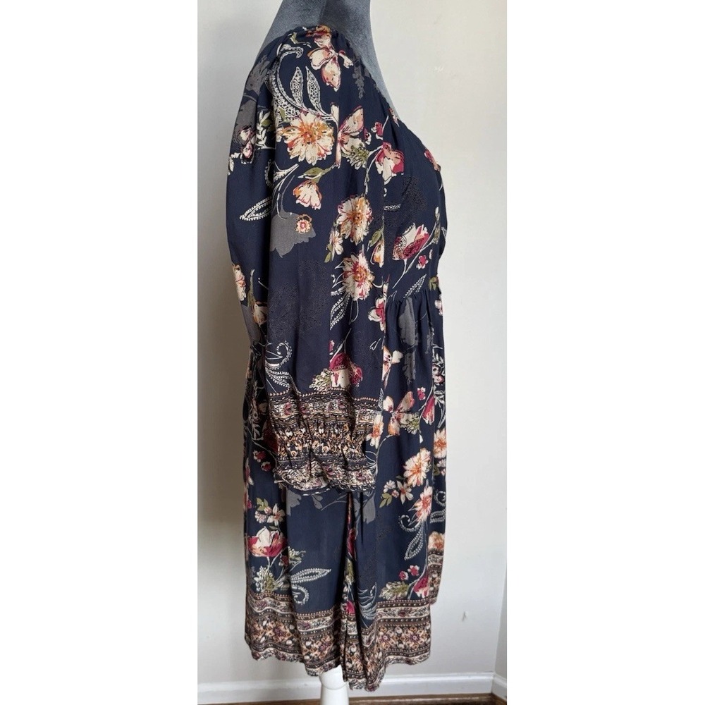 Boho Floral Babydoll Mini Dress L Navy Cottagecore Spring Festival Fairy - Picture 12 of 16